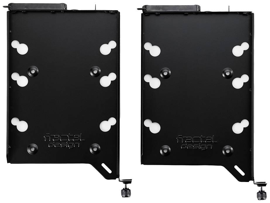 Dwie czarne pionowe metalowe płyty z wyrazistymi białymi punktami, służące jako tylne ścianki obudów komputerowych marki Fractal Design.