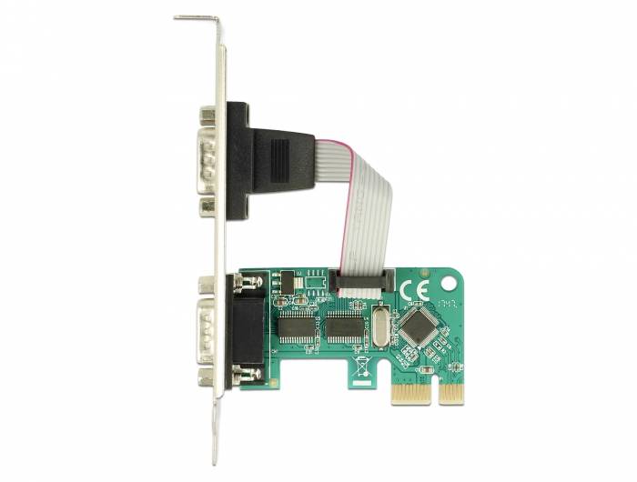 Karta PCIe z dwoma portami RS-232, połączona szarym przewodem taśmowym, widziana z boku.