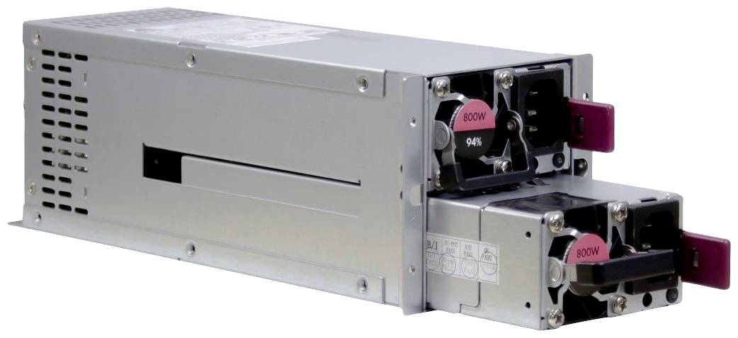 Moduł zasilacza z dwoma identycznymi komponentami, z etykietą '800W' na każdym oraz fioletową dźwignią ręczną.