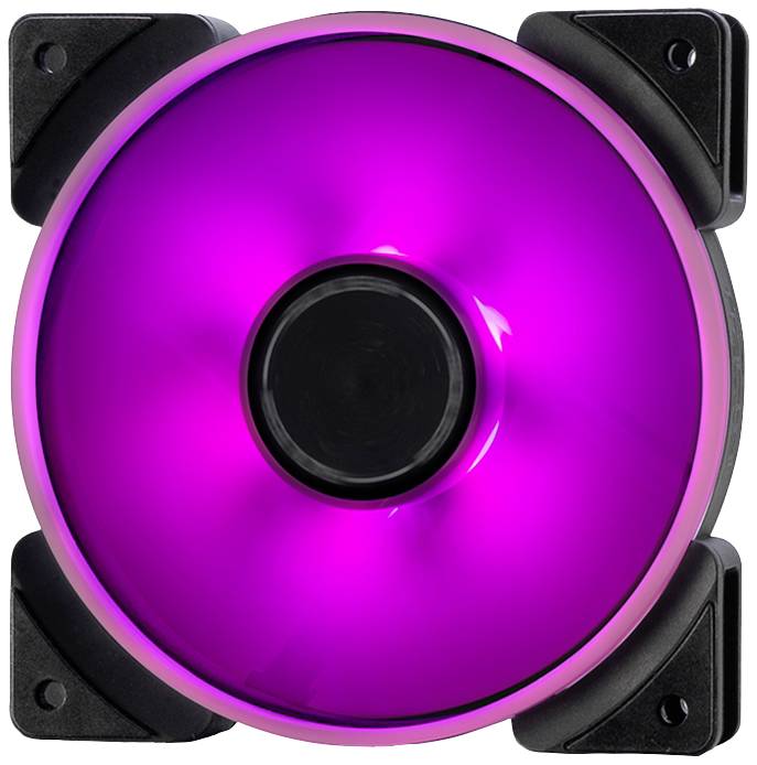 Wentylator z fioletowym podświetleniem LED. Okrągły design, zamontowany w obudowie komputera, zapewniający chłodzenie i efekty wizualne.