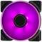 Wentylator z fioletowym podświetleniem LED. Okrągły design, zamontowany w obudowie komputera, zapewniający chłodzenie i efekty wizualne.