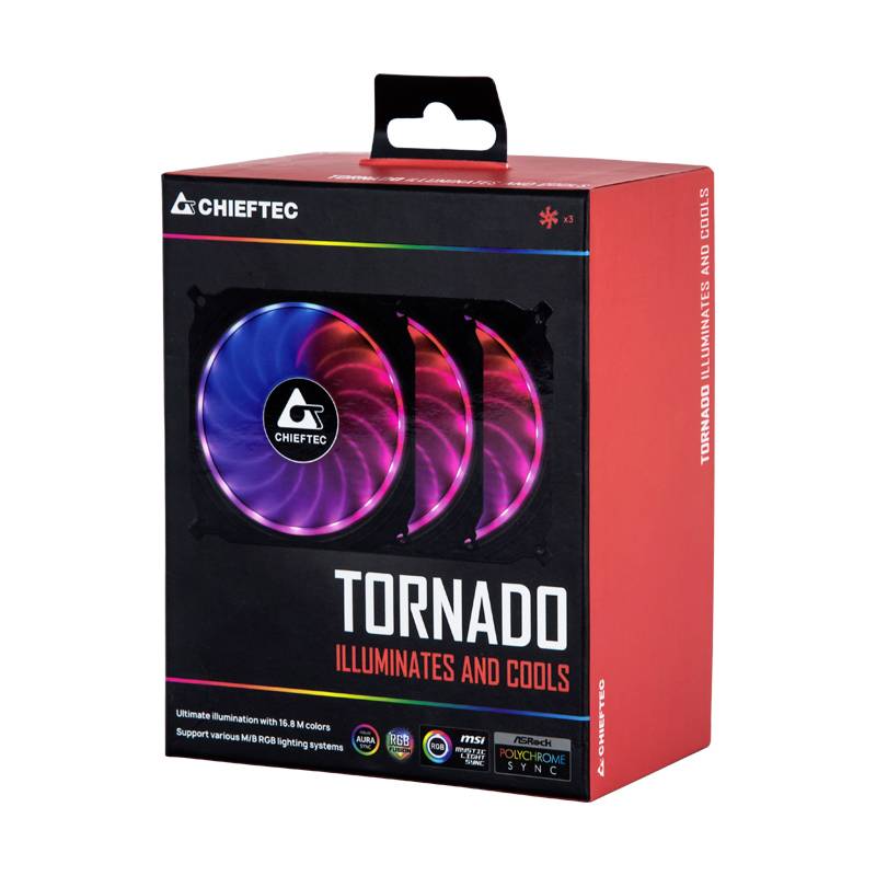 Opakowanie prezentuje 3 wentylatory Chieftec 'Tornado', które świecą i chłodzą. Posiada opcje podświetlenia RGB, kompatybilne z MSI Mystic Light oraz Asus Aura Sync.