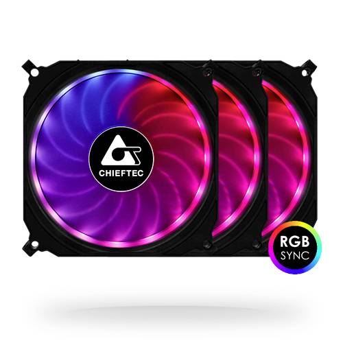 Trzy wentylatory komputerowe z podświetleniem RGB, świecące w różnych kolorach. Logo 'CHIEFTEC' pośrodku każdego wentylatora.