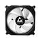 Czarny wentylator komputerowy z białym śmigłem, z centralnym logo 'Chieftec'. Używany do chłodzenia w komputerach.