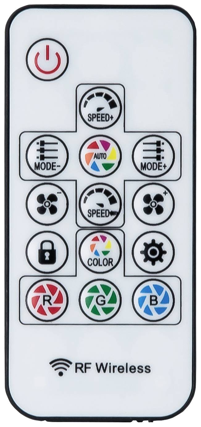 Bezprzewodowy pilot radiowy (RF) z przyciskami do sterowania prędkością, trybami, kolorami oraz włączania/wyłączania. Zawiera symbole blokady i ustawień.