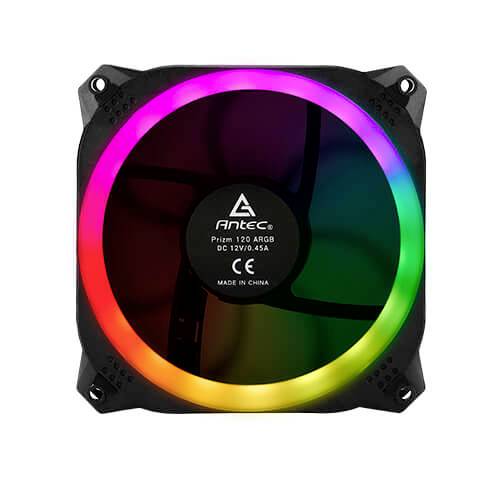 Sterowany komputerowo wentylator z podświetleniem RGB wyświetla widmo kolorów w kształcie koła. Nazwa marki 'Antec' widoczna w centrum.