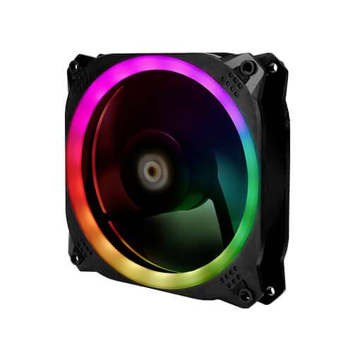 Wentylator komputerowy z podświetleniem RGB, świecący w różnych kolorach na swojej krawędzi, odpowiedni do chłodzenia obudowy.
