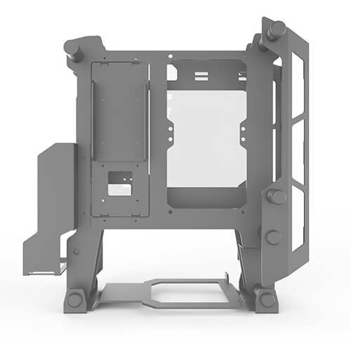 Metalowa rama obudowy komputera w kształcie prostokąta z otwartymi bokami i wycięciami na komponenty.