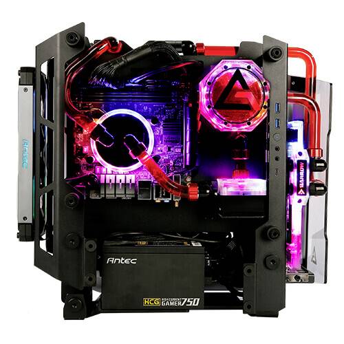 Komputer z widocznym sprzętem w futurystycznej obudowie. Rzucające się w oczy oświetlenie LED oraz przezroczyste przewody są dobrze widoczne.