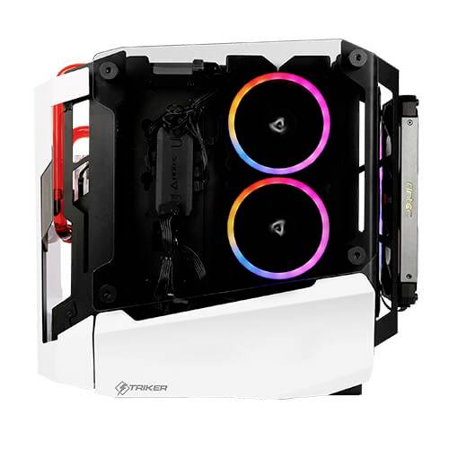 Obudowa komputera z otwartą konstrukcją, ukazująca widoczne komponenty, w tym dwa podświetlane wentylatory z podświetleniem RGB i charakterystycznym białym designem.