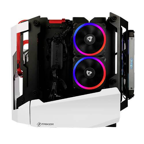 Otwarta obudowa komputera z dwoma świecącymi wentylatorami w kolorach RGB, z bocznym uchwytem na kartę graficzną i nowoczesnym designem.