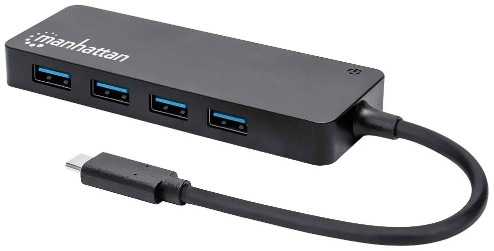 Czarny hub USB-C z czterema niebieskimi portami USB i wbudowanym przewodem producenta 'Manhattan'.