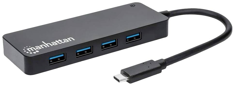 Czarny hub USB-C z czterema portami USB 3.0 i krótkim przewodem, oznaczony logo 'manhattan'.