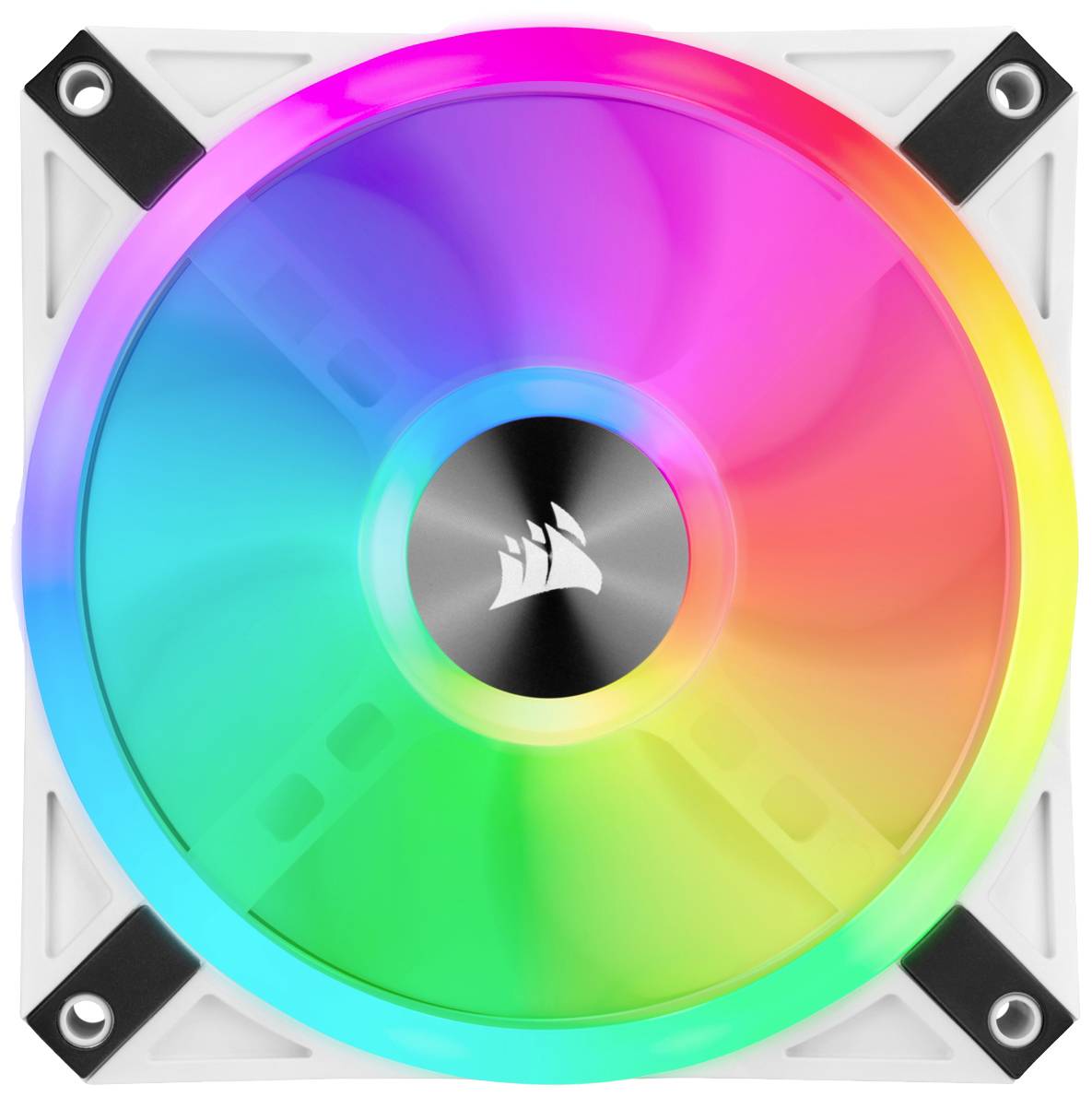 Wentylator komputerowy o kształcie koła, świecący w żywych kolorach RGB. Pośrodku znajduje się logo.