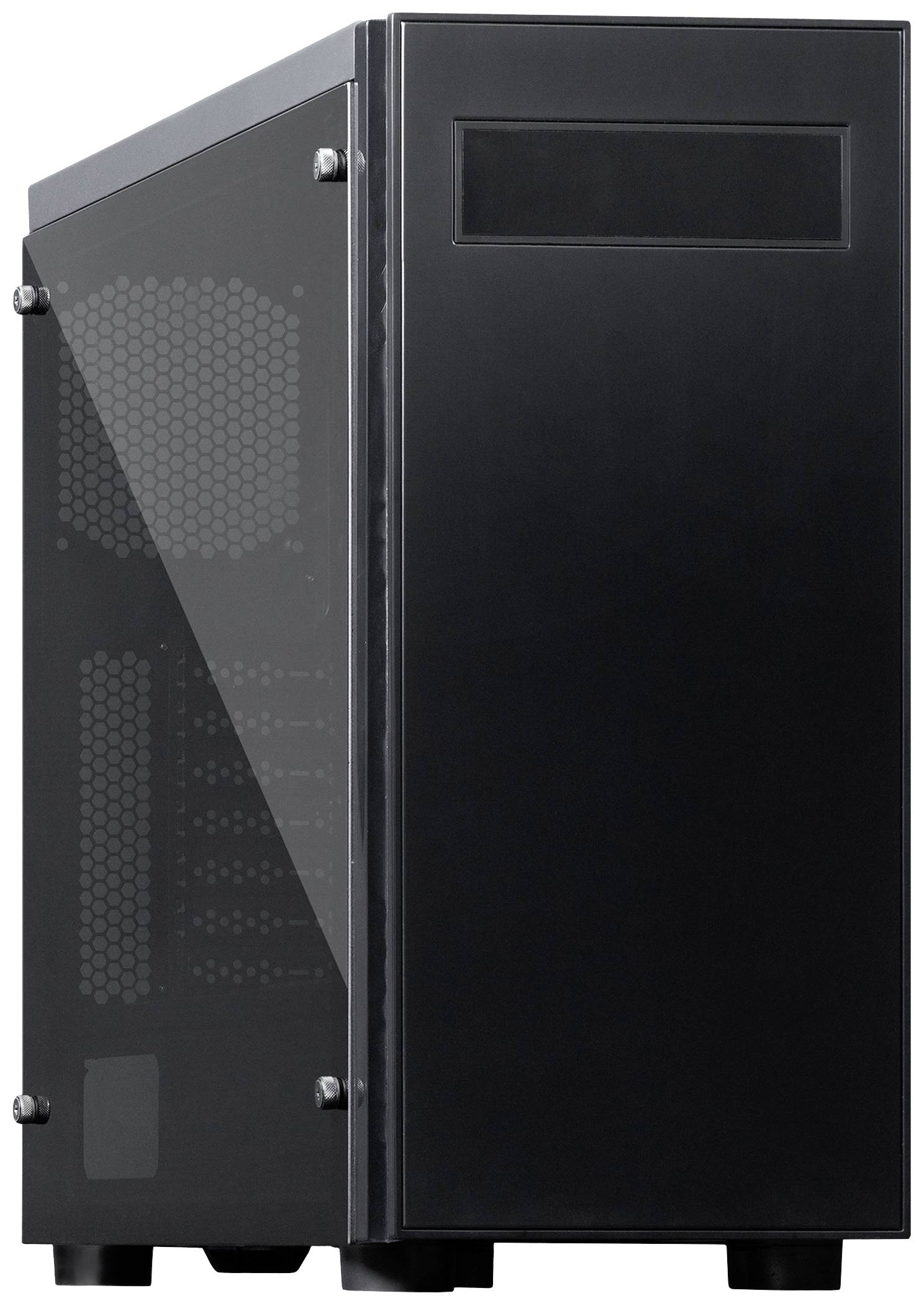 Czarna obudowa komputera z bocznym oknem, minimalistyczny design, bez widocznych złączy lub przycisków na przedniej ścianie.