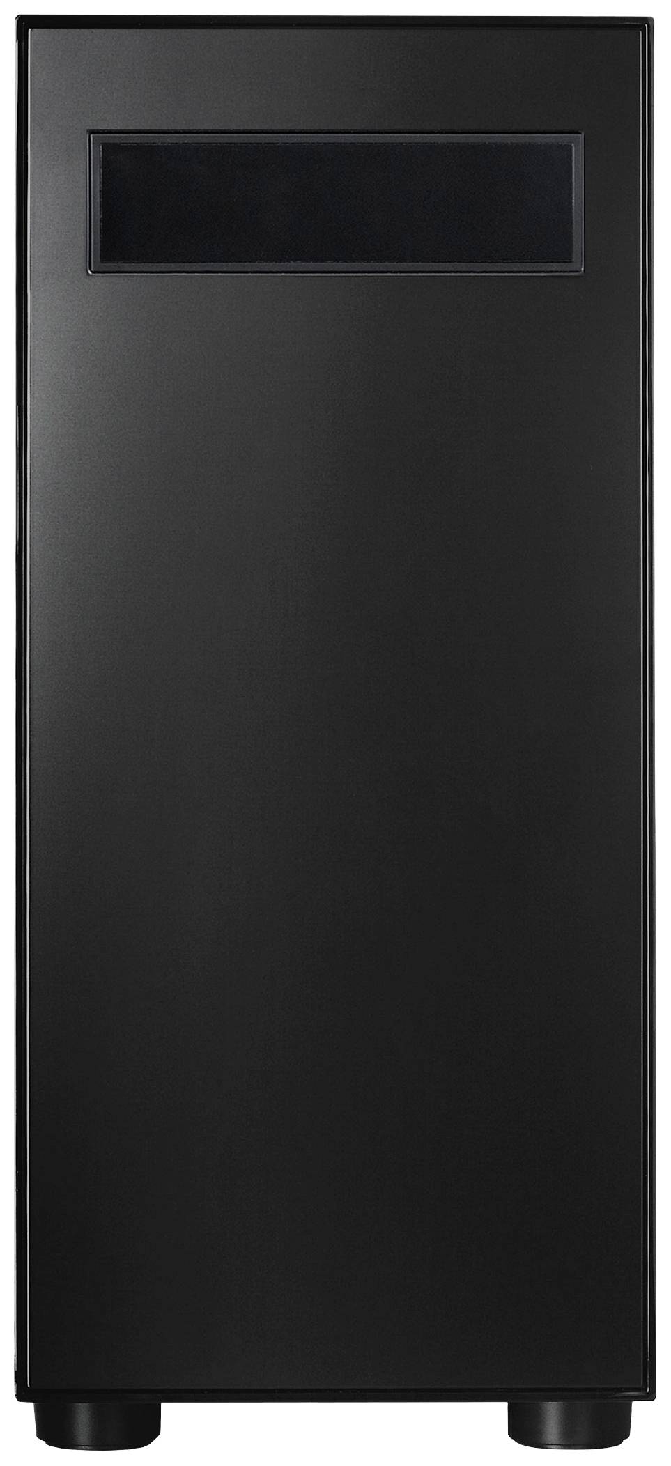 Czarny komputer stacjonarny bez widocznych oznaczeń marki lub modelu, umieszczony na białym tle.