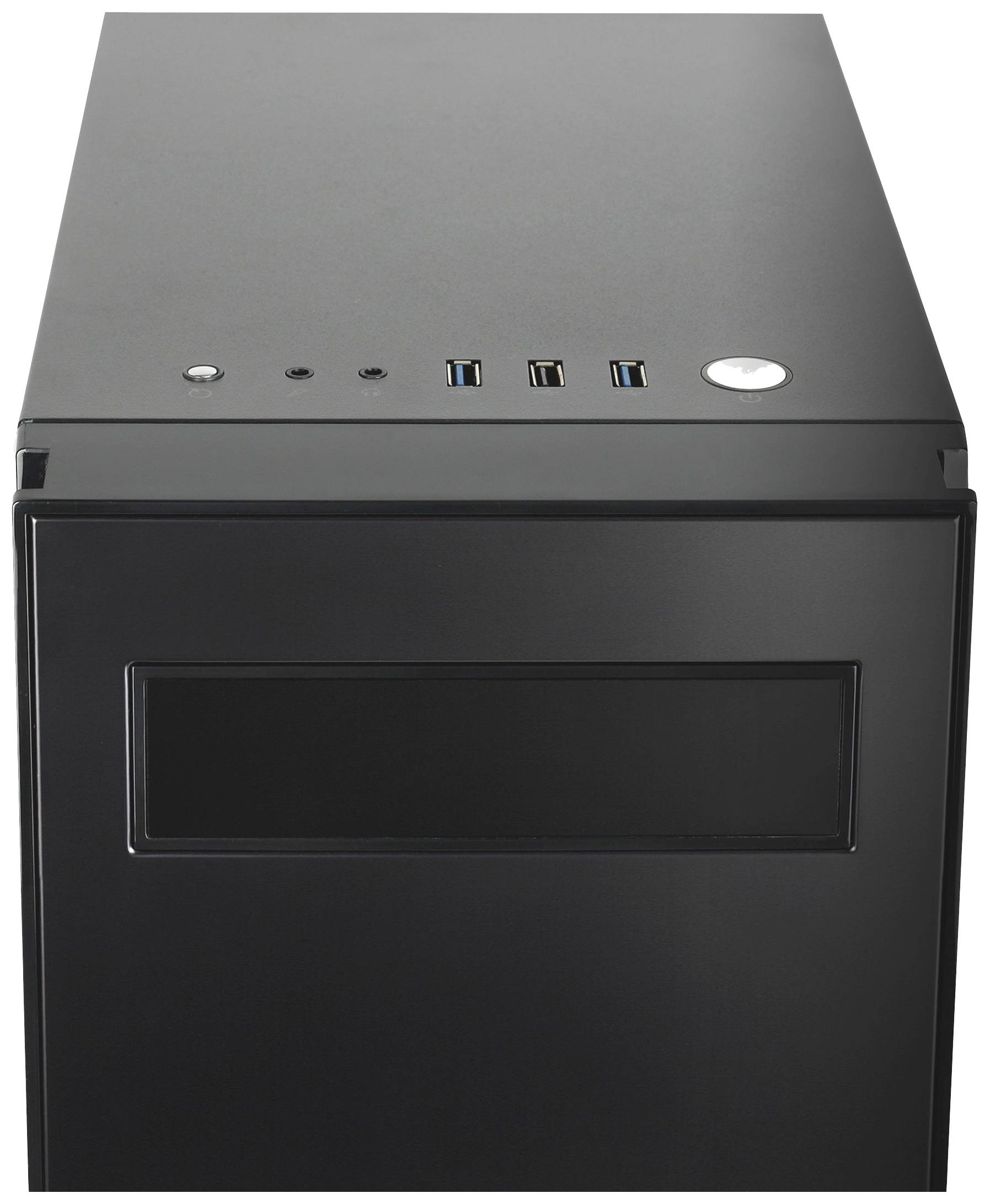 Czarna obudowa komputera z portami USB oraz przyciskiem zasilania na górnej powierzchni, o minimalistycznym designie.