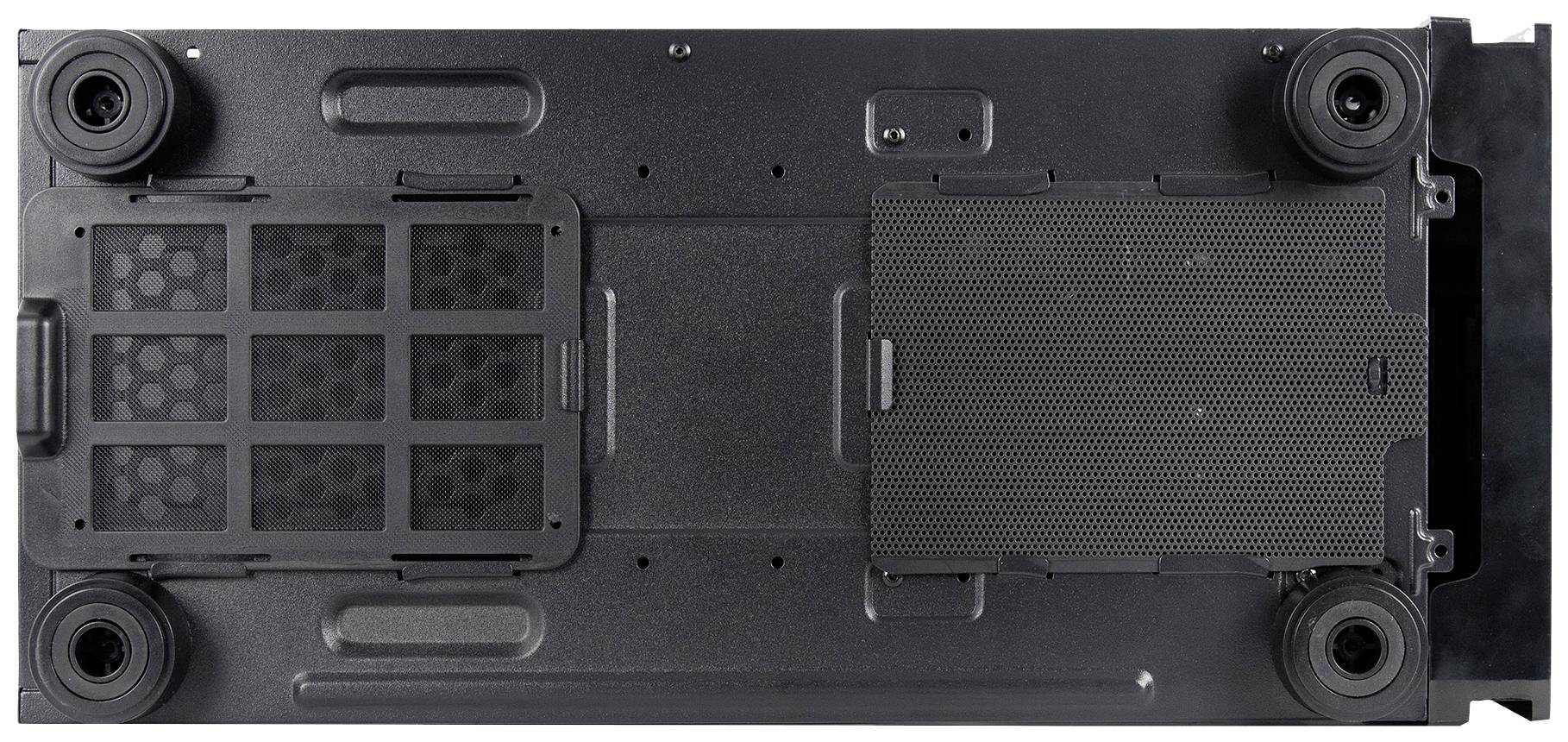 Spód czarnej obudowy komputerowej wyposażony w filtry przeciwkurzowe i cztery stopki. System filtracyjny pomaga w chłodzeniu i zapobieganiu gromadzeniu się kurzu.