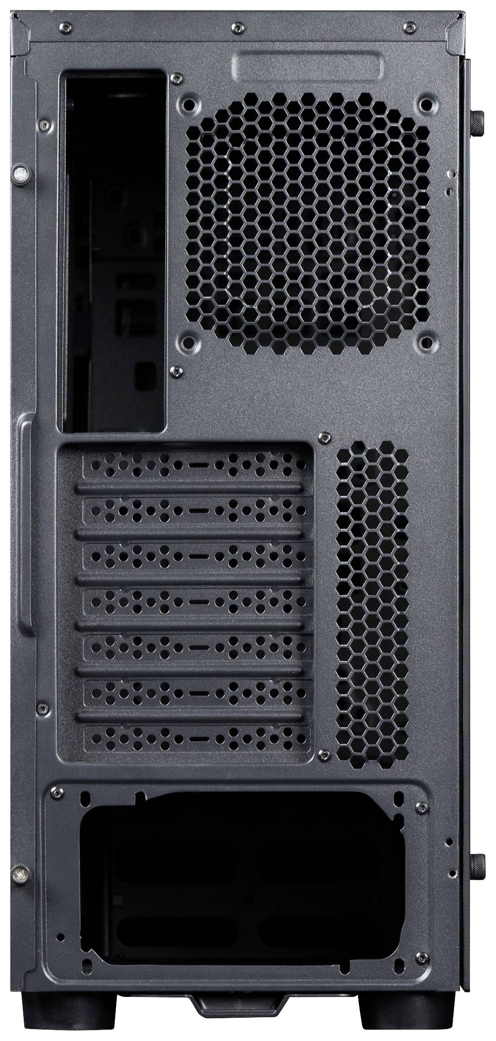 Tylna część obudowy komputera z wieloma kratkami wentylacyjnymi i slotsami rozszerzeń. U góry i na dole znajdują się duże otwory wentylacyjne.