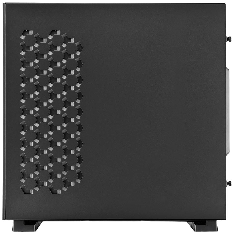 Czarna obudowa komputera z sześciokątnymi otworami wentylacyjnymi po lewej stronie.