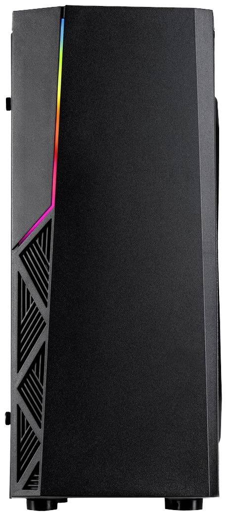 Nowoczesna obudowa komputerowa o minimalistycznym, czarnym designie z delikatnym, pionowym paskiem podświetlenia RGB na przedniej ścianie.