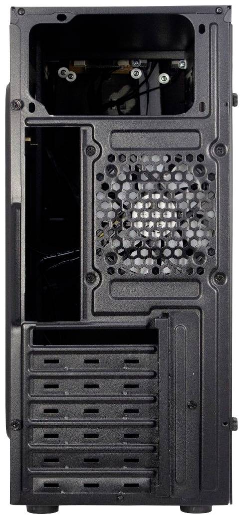 Tylna część obudowy komputera z wentylatorem i kilkoma slotami rozszerzeń. Obudowa jest otwarta i ukazuje wewnętrzne śruby mocujące.