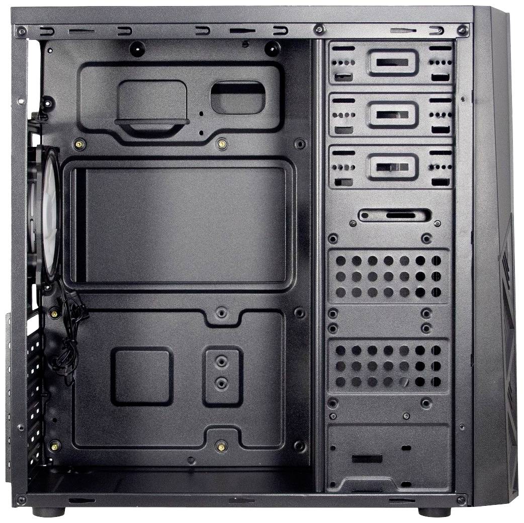 Obraz przedstawia wnętrze pustej obudowy komputera z kilkoma kieszeniami na dyski twarde oraz wentylatorem po lewej stronie.