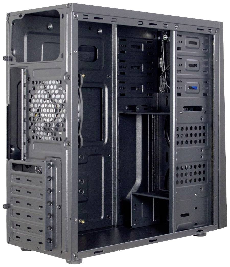 Pusta czarna obudowa komputera z widocznymi wnętrzami. Prawa strona otwarta, z kratką wentylacyjną i miejscem na komponenty sprzętowe.