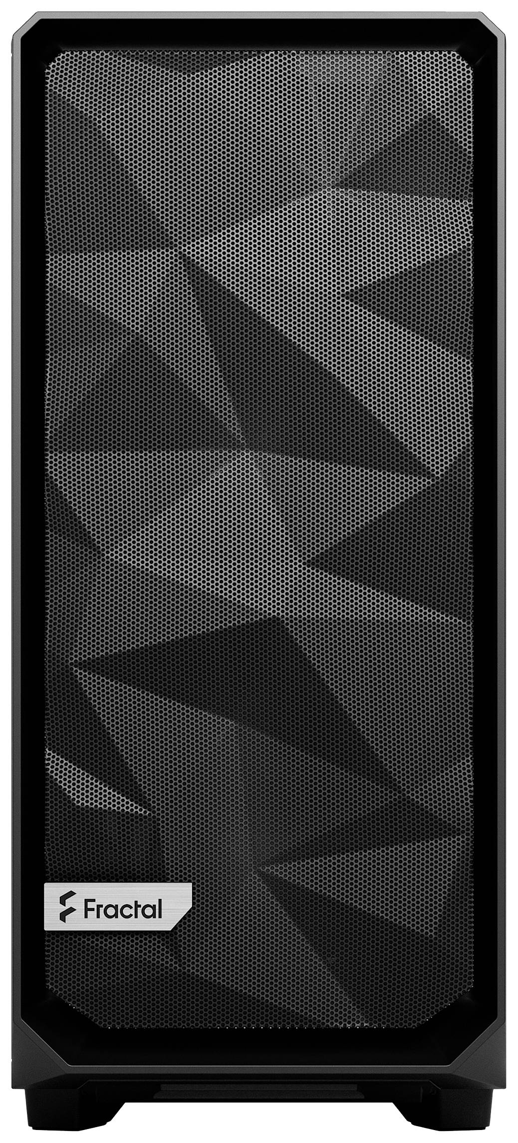 Obudowa komputera z geometrycznym wzorem na przedniej płycie, nazwa marki 'Fractal' widoczna w lewym dolnym rogu.