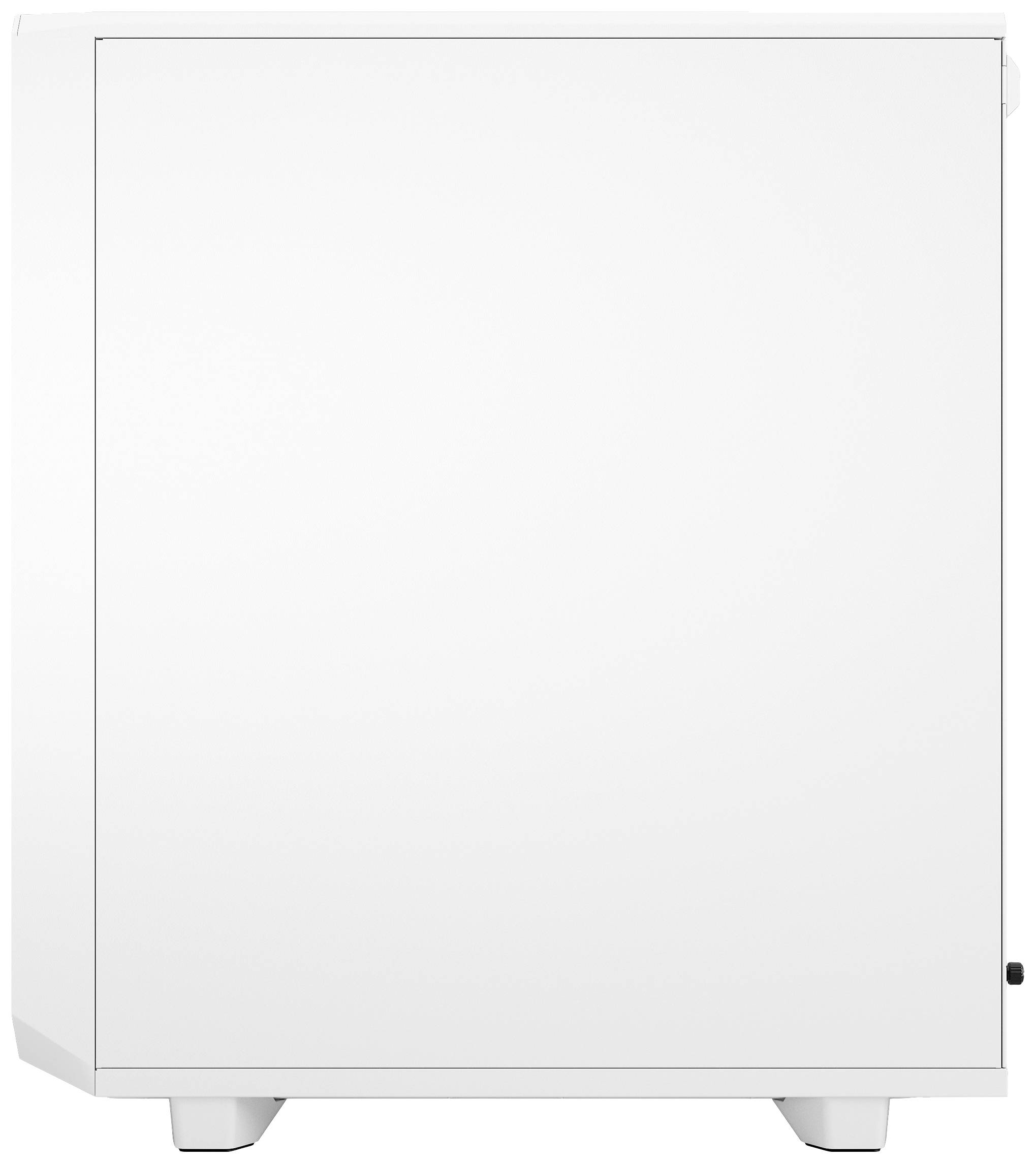 Biały, stojący pionowo prostopadłościan na nogach, prawdopodobnie obudowa urządzenia lub lodówka, na białym tle.