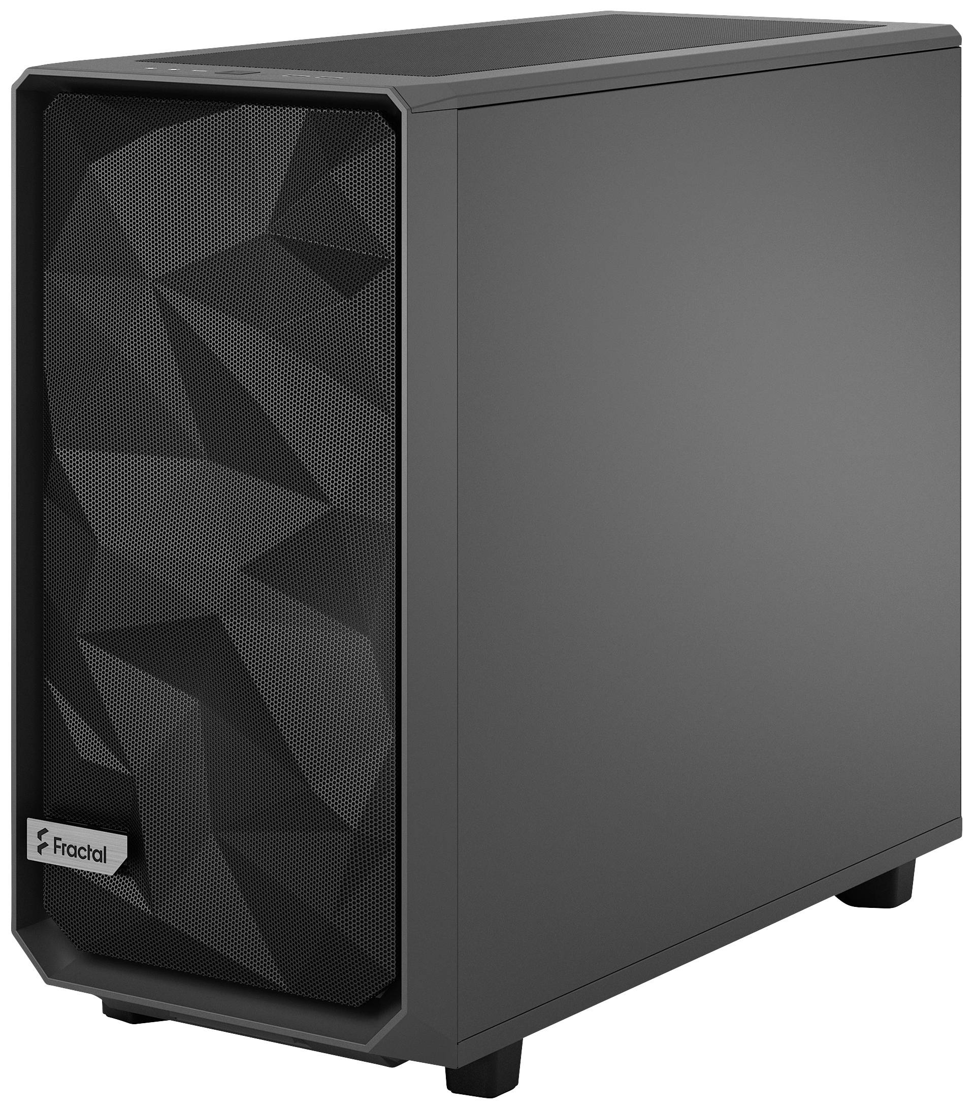 Czarna obudowa komputera z geometrycznie ukształtowaną przednią płytą i małym logo w lewym dolnym rogu.