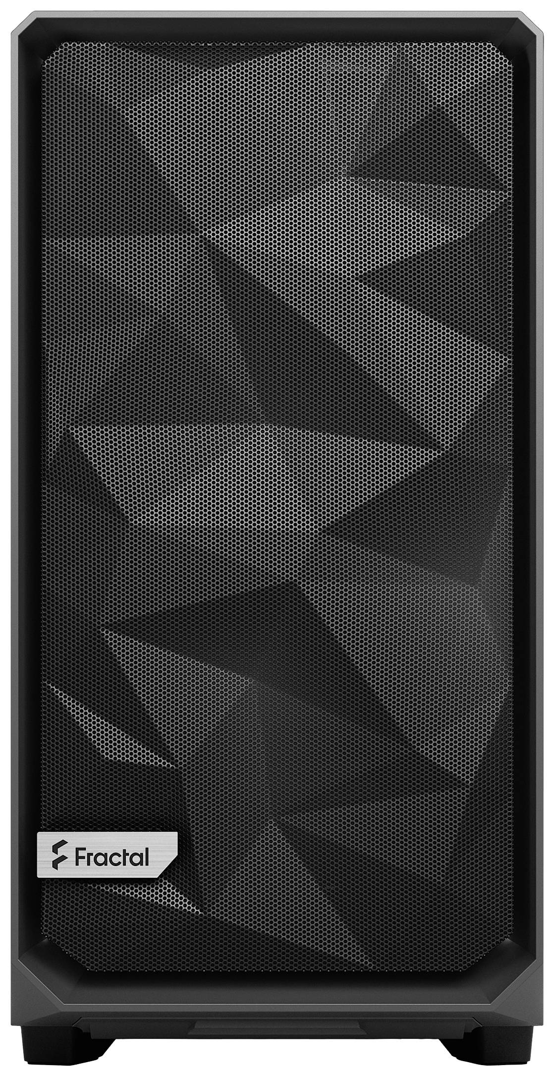 Czarna obudowa komputerowa firmy Fractal z geometrycznym wzorem na przedniej ściance.