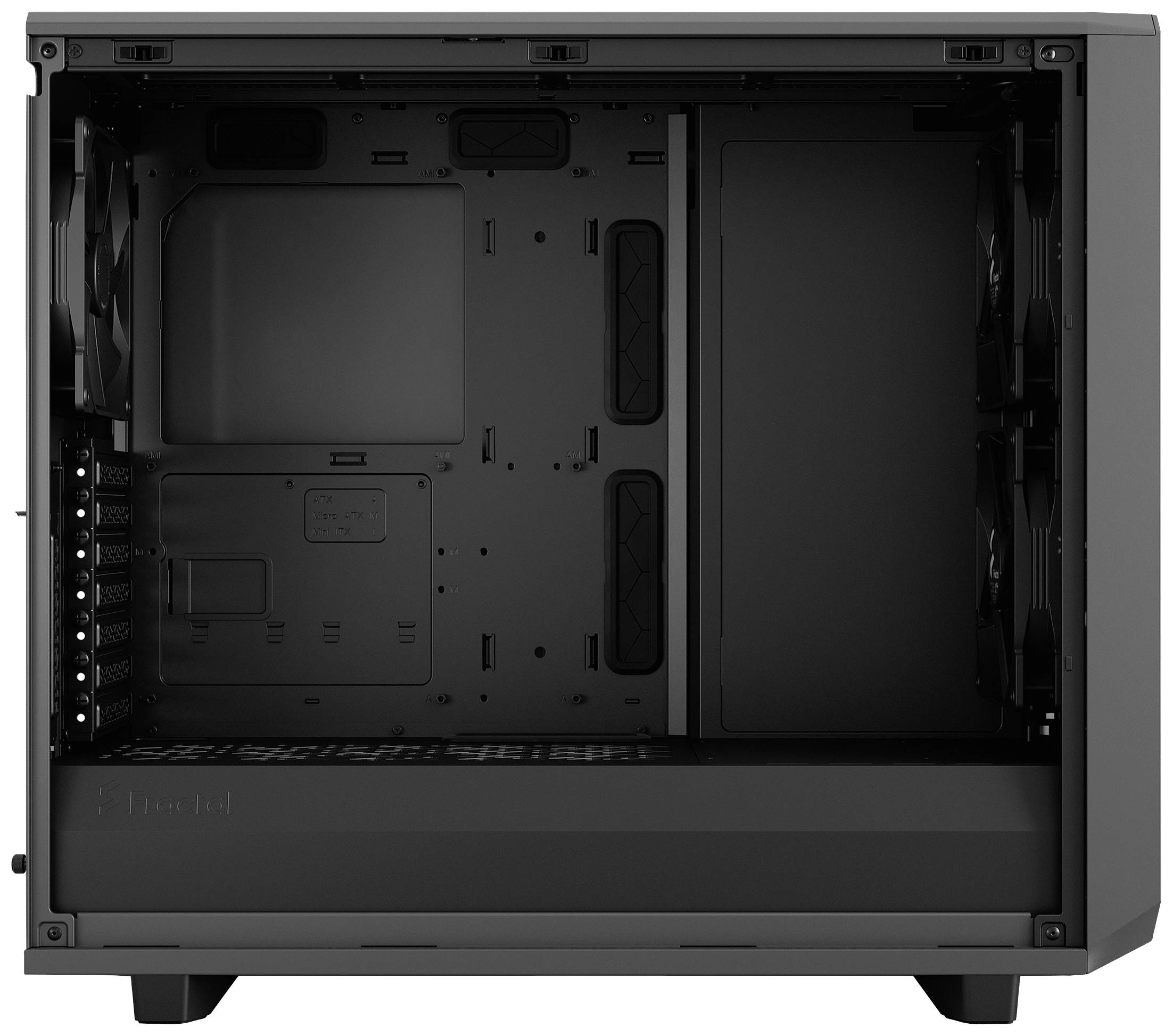 Czarna obudowa komputerowa bez podzespołów, wyposażona w kilka miejsc na wentylatory oraz opcje zarządzania kablami, idealna dla majsterkowiczów składających własny komputer.