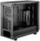 Czarna obudowa komputera z otwartą boczną ścianką, komorami montażowymi, dwoma wentylatorami z tyłu i pionową pompą wodną w środku.