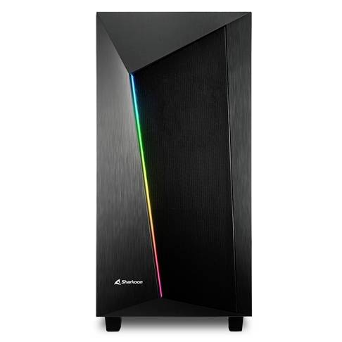 Czarne obudowa komputera z ukośnym, podświetlonym paskiem RGB na przedniej ściance.