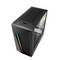 Czarna obudowa komputera z podświetleniem RGB z przodu, boczne okno szklane, wentylacja górna oraz złącza z przodu.