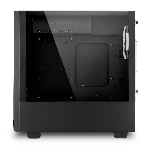 Czarna, pusta obudowa komputerowa z przezroczystym panelem bocznym. Wentylator zamontowany na prawej ściance, wnętrze prezentuje miejsca montażowe.