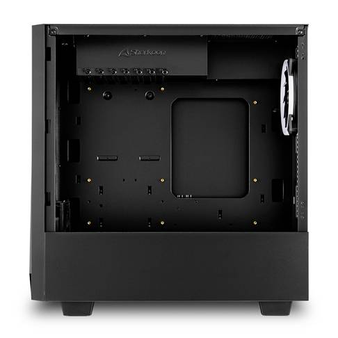 Czarna obudowa komputera z otwartym panelem bocznym, ukazująca pusty wnętrze. Miejsce na płytę główną, dyski twarde i wentylatory.