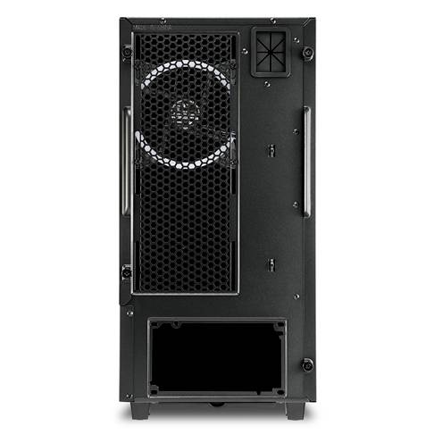 Obraz przedstawia tylną część obudowy komputera z wentylatorem i kilkoma otworami przyłączeniowymi.