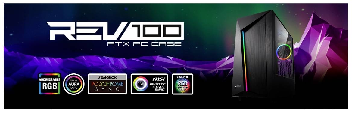 Reklama obudowy komputerowej REV 100, prezentująca różne opcje podświetlenia RGB oraz kompatybilność z wiodącymi programami synchronizacji.