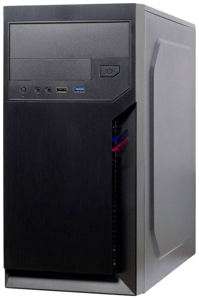 Czarna obudowa komputera z portami USB i przyciskami na przedniej części.
