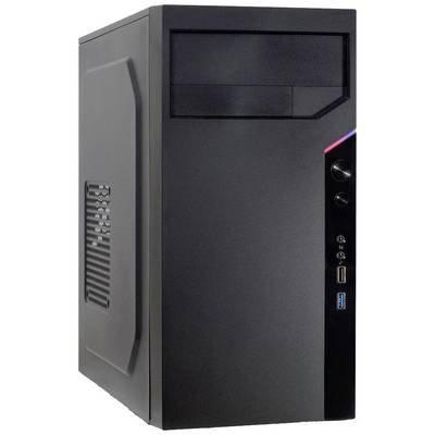 Czarna obudowa komputera z portami USB i otworami wentylacyjnymi z przodu. Urządzenie stoi pionowo.
