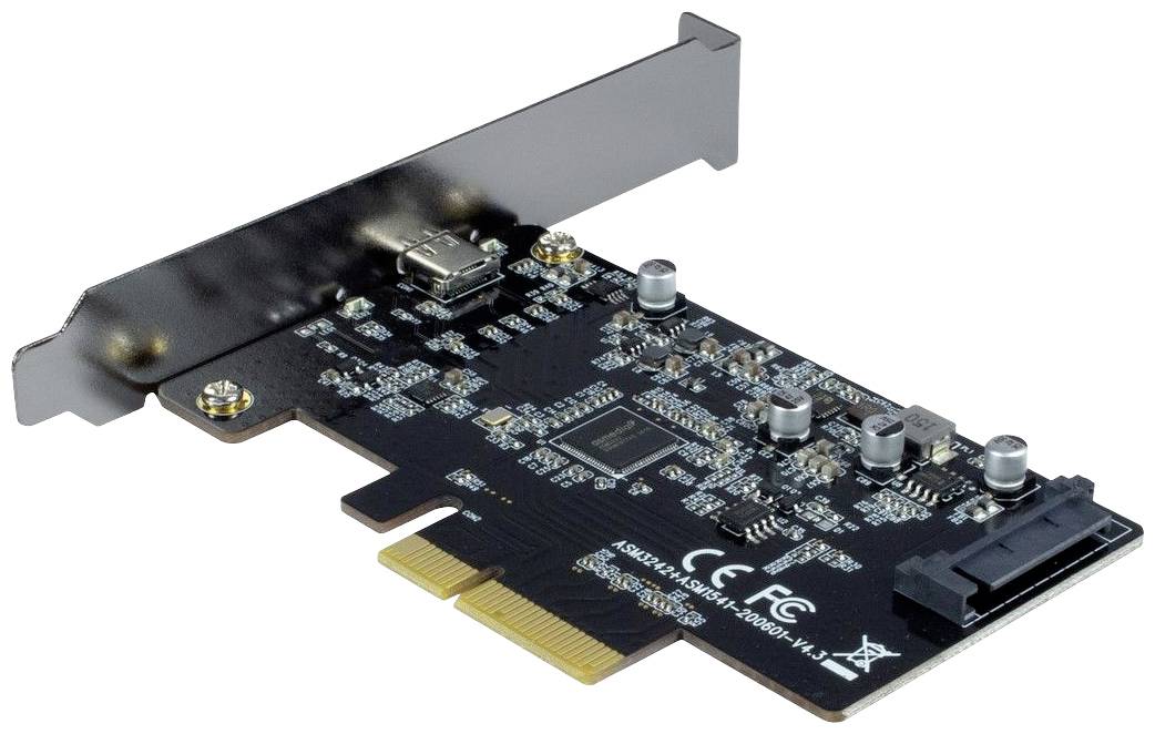 Czarna karta PCIe z portami USB i SATA do rozbudowy komputera i poprawy możliwości podłączeniowych.