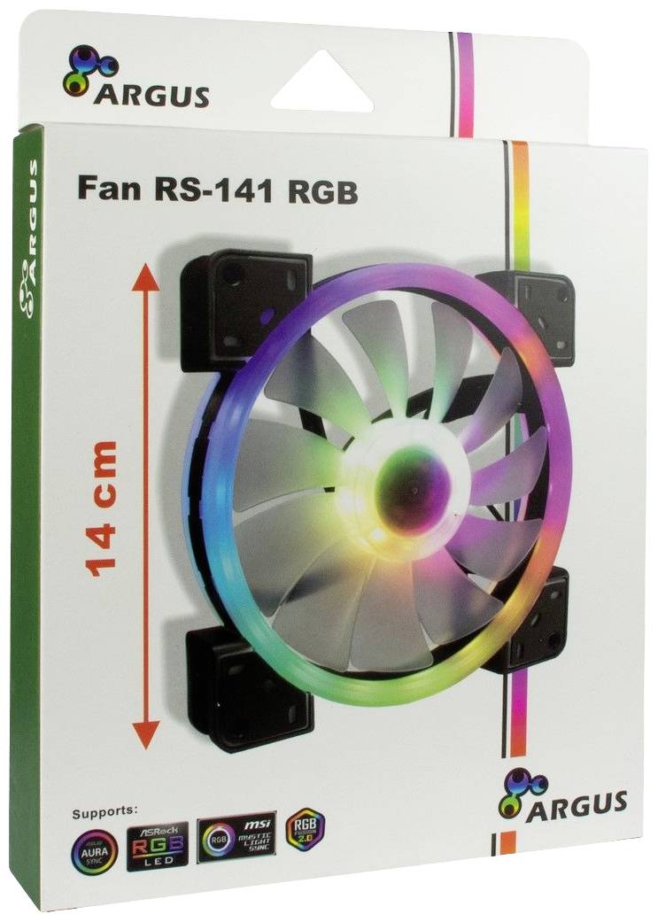 Na opakowaniu wentylatora ARGB o średnicy 14 cm z podświetleniem RGB znajdują się logotypy marek oraz symbole kompatybilnego oprogramowania.