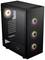 Czarna obudowa komputerowa ze szklaną przednią ścianką, trzema wentylatorami RGB z przodu i jednym z tyłu. Podświetlenie widoczne w kilku kolorach.