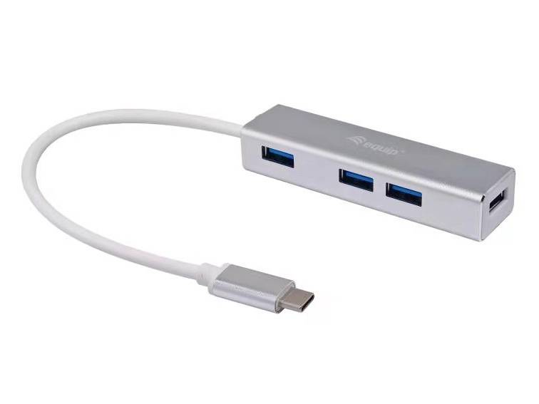 Hub USB-C z trzema portami USB 3.0 w srebrnej obudowie. Zapewnia dodatkowe możliwości podłączenia urządzeń.