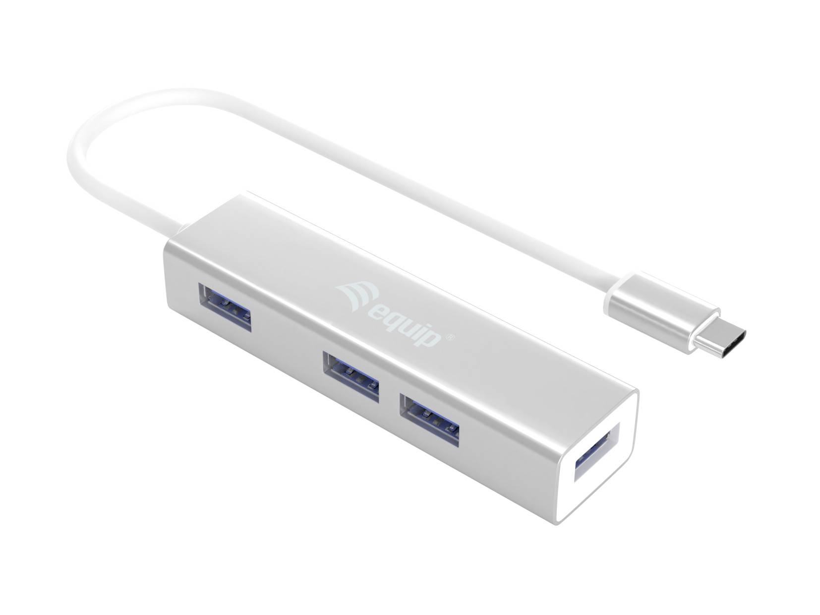 Aluminiowy hub USB z czterema portami USB 3.0 i kablem USB-C. Idealny do rozszerzenia możliwości podłączenia urządzeń.