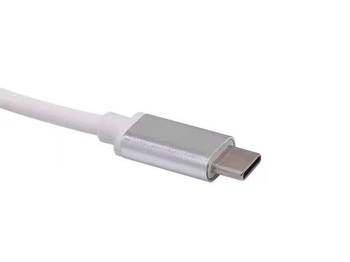 Wtyczka kabla USB-C z srebrną obudową, wycentrowana na białym tle. Wtyczka skierowana w prawo.