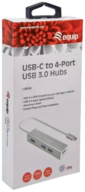 Opakowanie rozgałęziacza USB-C do 4 portów USB 3.0. Zdjęcie produktowe rozgałęziacza z tekstem 'Rozgałęziacz USB-C do 4 portów USB 3.0'. Logo marki w prawym górnym rogu.