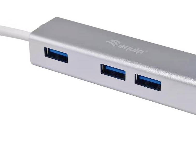Srebrny hub USB z trzema niebieskimi portami USB z przodu; logo tekstowe 'equip' na górnej powierzchni.